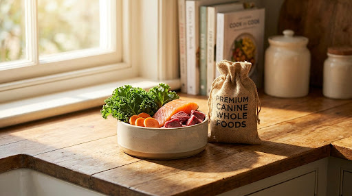 Fresh ingredients and a dog bowl on a kitchen counter